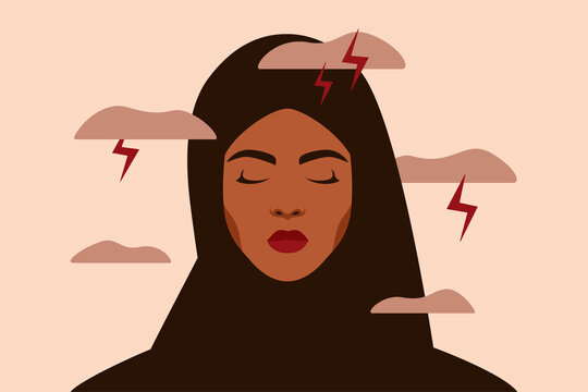 Sad Arabian woman feels anxiety and emotional stress. Depressed muslim girl experiences mental health issues. Concept of psychological problem. Vector illustration.