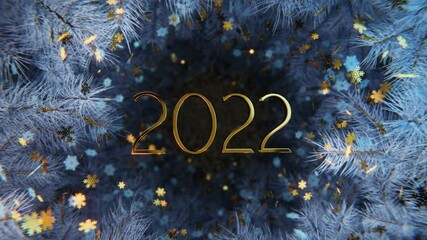 Wall Mural - new year and christmas 2022. mobile gold inscription 2022 on the background of blue christmas tree b