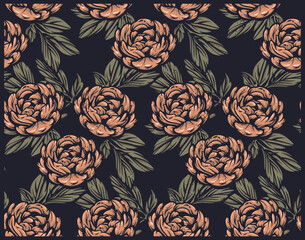  Seamless vintage pattern with peony flowers for dark background. Ideal for fabric printing, decoration, and many other uses