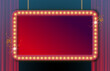 © Katsiaryna Hatsak - Theater stage. Red curtains stage, theater or opera background with spotlight. Festival night show banner. Rectangular retro frame with glowing lamps. Vector illustration with shining lights