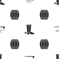 Canvas Print - Set Smoking pipe, Cowboy boot and Gun powder barrel on seamless pattern. Vector