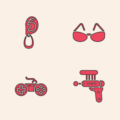 Sticker - Set Ray gun, Ear with earring, Glasses and Gamepad icon. Vector