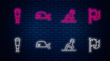 Sticker - Set line Pirate bandana for head, Bottle with message in water, Spyglass telescope lens and flag. Glowing neon icon on brick wall. Vector