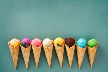 Poster - Assorted of ice cream in cones on blue background with copy space. Colorful set of ice cream of different flavours. Ice cream isolated with nuts, fruits and berries.
