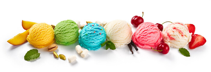 Poster - Assorted of ice cream scoops on white background. Colorful set of ice cream scoops of different flavours. Ice cream isolated with nuts, vanilla, mint, fruits and berries.