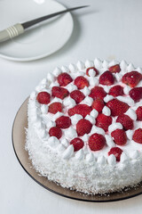 Sticker - Creamy strawberry cake. Homemade cake with whipped cream and fresh strawberries. Light dessert