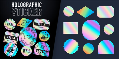 holographic stickers. hologram labels of different shapes. colored blank rainbow shiny emblems, labe