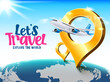 Let's travel vector banner design. Let's travel explore the world text with 3d pin, airplane, and world map element for international travelling destination. Vector illustration
