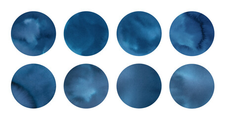 Watercolor illustration collection of various dark blue circle shapes with artistic brush strokes. Hand painted watercolor graphic drawing, isolated clip art elements for creative design decoration.