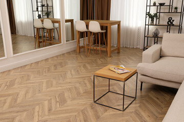 Modern living room with parquet flooring and stylish furniture