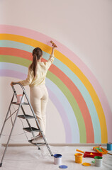 Poster - Young woman painting rainbow on white wall indoors, back view