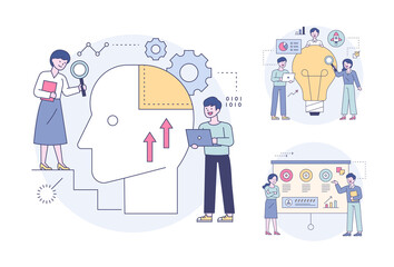 Wall Mural - experts looking into the human brain and analyzing idea marketing. outline flat design style minimal