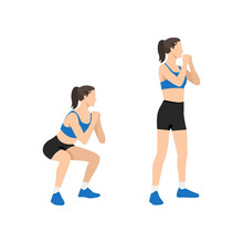 Woman Doing Bodyweight Squats Exercise. Flat Vector Illustration Isolated On White Background