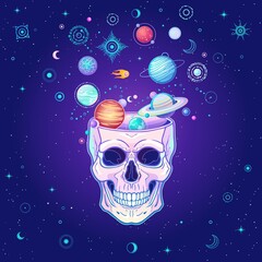 Wall Mural - Mystical drawing: Planets fly out of the human skull, cosmic symbols. Alchemy, magic, esoteric, occultism. Background - night star sky. Color vector illustration.