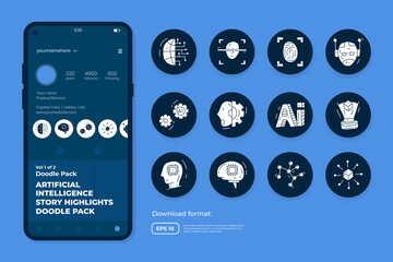 Artificial intelligence AI concept with circuit board data and brains chip for engineering, development, brainstorming. Hand drawn doodle icons set vector for social media Highlight Stores Cover