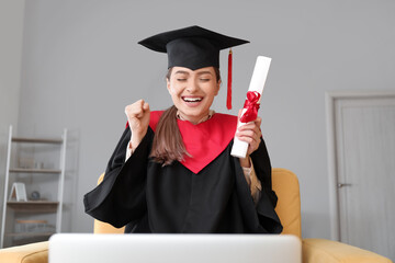 Sticker - Happy female student on her graduation day at home. Concept of studying online