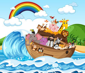 Noah's Ark with animals in the ocean scene