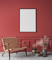 rattan wooden chair with poster frame mockup in red modern interior background, 3d render