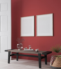 poster frame mockup, red modern interior background, 3d render