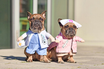 Wall Mural - French Bulldog dogs dressed up with doctor and nurse costume with fake arms