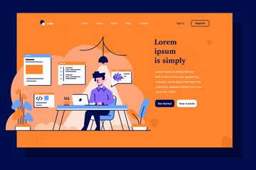  Landing Page Business man programmer developer doing work coding setting application mobile with coffee cup flat outline design style
