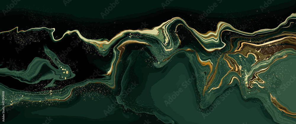 luxury wallpaper. Green marble and gold abstract background texture. Dark green emerald marbling with natural luxury style swirls of marble and gold powder.	 - obrazy, fototapety, plakaty 