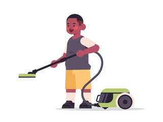 Wall Mural - little african american boy using vacuum cleaner cleaning childhood concept full length horizontal