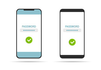 Simple flat design illustration of mobile phone with touch screen and successful security password entry, vector