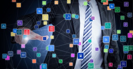 Poster - Composition of network of connections with icons over businessman touching interactive screen