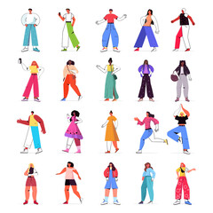 Wall Mural - set mix race people in casual trendy clothes female male cartoon characters collection full length