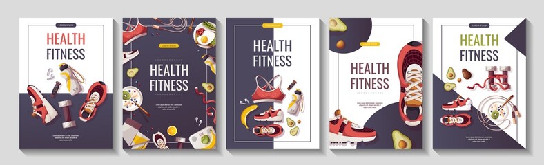 Set of flyers for Healthy lifestyle, natural food, motivation, sport equipment, fitness training, sportswear, workout. A4 vector illustration for poster, banner, flyer, special offer, advertising.