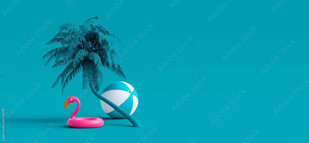 Pink flamingo and palm tree on blue summer background 3D Rendering, 3D Illustration - obrazy, fototapety, plakaty 