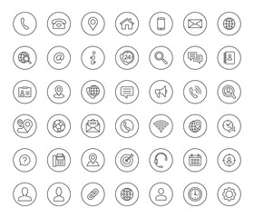 Leinwandbilder - Set of 42 line contact icons in circle shape. Black vector symbols.