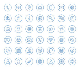 Leinwandbilder - Set of 42 line contact icons in circle shape. Blue vector symbols.