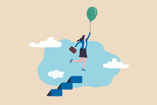 Woman Leadership To Overcome Struggle, Female Power To Break Boundary Or Limitation, Freedom And Opportunity Concept, Success Businesswoman Flying With Air Balloon From Top Of Ladder Or Stairway.