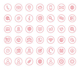 Fototapete - Set of 42 line contact icons in circle shape. Red vector symbols.
