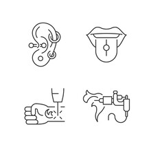 Tattoo And Piercing Masters Linear Icons Set. Place To Put Jewellery Into Skin. Professional Tool. Customizable Thin Line Contour Symbols. Isolated Vector Outline Illustrations. Editable Stroke