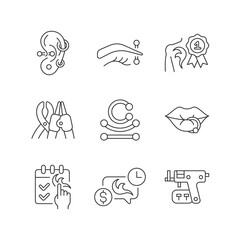 Wall Mural - Tattoo and piercing creation linear icons set. Salon for creating unique body look. Customizable thin line contour symbols. Isolated vector outline illustrations. Editable stroke