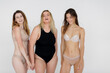 © kalinichenkod - smiling multicultural girls in lingerie hugging while posing at camera isolated on white, body positivity concept