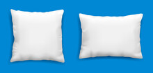 Clean White Pillows Mockup Isolated On Blue Background, Vector Illustration In Realistic Style. Square Cushion For Relaxation And Sleep Template.