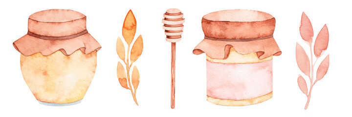 Set of watercolor drawing honey jars, spoon, twigs. Yellow-pink tones. Vintage rustic style. Farm harvest. Isolated over white background.