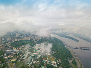 Wall Mural - Kiev-Pechersk Lavra. Spring cloudy morning. Aerial drone view.