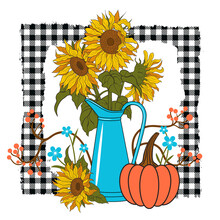   .Bright Sunflowers In A Tall Blue Jug, Pumpkin, Flowers And Branches With Berries And Buffalo Check Plaid Frame . Fall Still Life. Vector  Design..