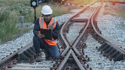 Wall Mural - inspection engineer checking on railway. installation worker on railways. Engineer work on railway. rail, engineer, Infrastructure.