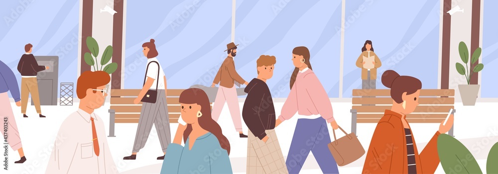 Different people walking along city street. Daily urban life. Horizontal cityscape with human traffic. Panoramic town scene with citizens. Colored flat vector illustration of pedestrians - obrazy, fototapety, plakaty 