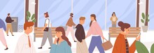 Different People Walking Along City Street. Daily Urban Life. Horizontal Cityscape With Human Traffic. Panoramic Town Scene With Citizens. Colored Flat Vector Illustration Of Pedestrians
