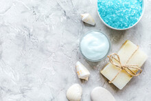 Spa Composition With Blue Salt And Soap On Stone Background Top View Mockup