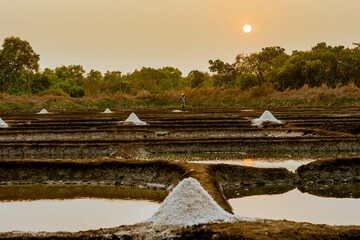 Heaps of organic hand made salt in the salt pans around Panaji Goa.. Salt manufacturing industry and harvesting method  