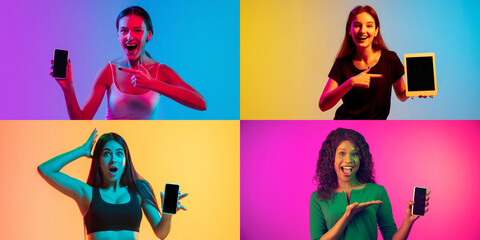 Wall Mural - Group of four young girls with smartphones isolated on multicolored background in neon light, collage.