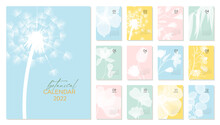 2022 Botanical Calendar Template. Calendar With White Silhouette Of Flowers On Pastel Backgrounds. Set For 2022 With 12 Pages For Each Month. Vector Illustration
